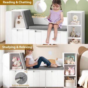 BOTLOG 61.5" Kids Reading Nook with 3-Layer Bookshelf, Reading Nook for Kids with Double Bench and Rolling Drawers, Kids Bookshelf and Toy Storage for Nursery, Playroom, White