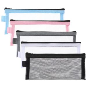 COMNICO 5pcs Pencil Case Pencil Pouch, Clear Exam Pen Bag Simple Nylon Mesh Zipper Pencil Bag Makeup Bag Portable Office Stationery Storage Pouch for Adults