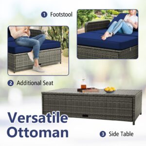 Tangkula Patio Rattan Daybed Set, Wicker Loveseat Sofa w/Multipurpose Ottoman & Retractable Side Tray, 4-Level Adjustable Backrest, Footstool w/Storage, Seat & Back Cushion Included