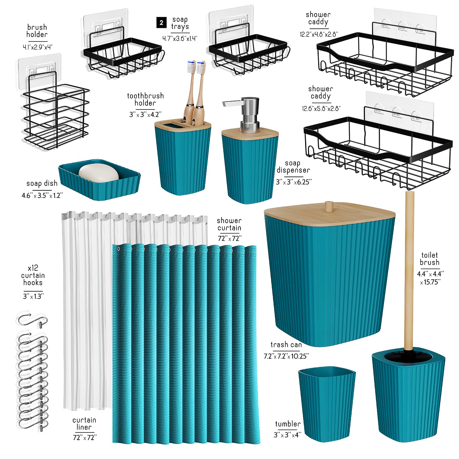 Shower Caddy and Bathroom Accessories Set, 25PC Bathroom Accessory Set with Shower Shelf Caddy for Bathroom Storage, Teal Shower Curtain Set, Toilet Brush, Trash Can, Soap Dispenser, Toothbrush holder