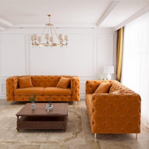 OUYESSIR 75" Comfy Modern Velvet Sofa Couch, Upholstered Deep Seat Sofa Tufted Couch with Metal Gold Legs and Pillows for Living Room Bedroom Office, Orange