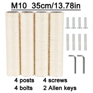 NEUMIHARO 4 Pcs 3.1in 7.9cm Diameter Cat Scratching Post Replacement Sisal Pole with Screws and Bolts and Wrench for Cat Tree Condo (35cm/13.78in, M10)