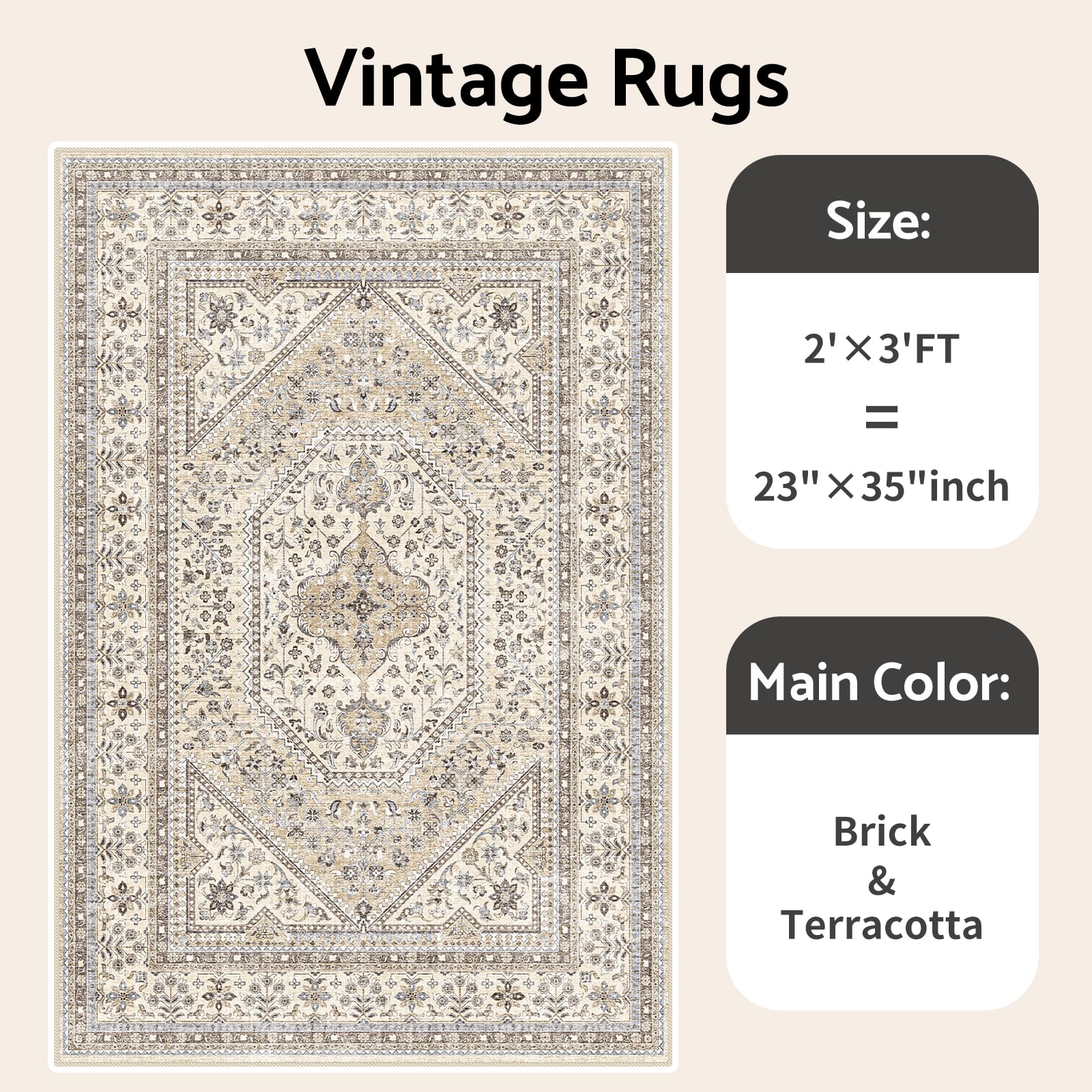 Puino Washable Entryway 2x3 Rug: Small Boho Rugs for Indoor Entrance Non Slip Backing Stain Resistant Carpet Low Pile Throw Rugs for Bedroom Bedside Inside Front Door Floor Kitchen Decor(Beige,2x3FT)