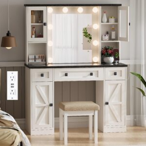 anwbroad farmhouse makeup vanity desk with mirror and lights white vanity desk 43" w glass tabletop vanity table with charging station & 2 cabinets big modern dressing table stool for bedroom ubdt71w