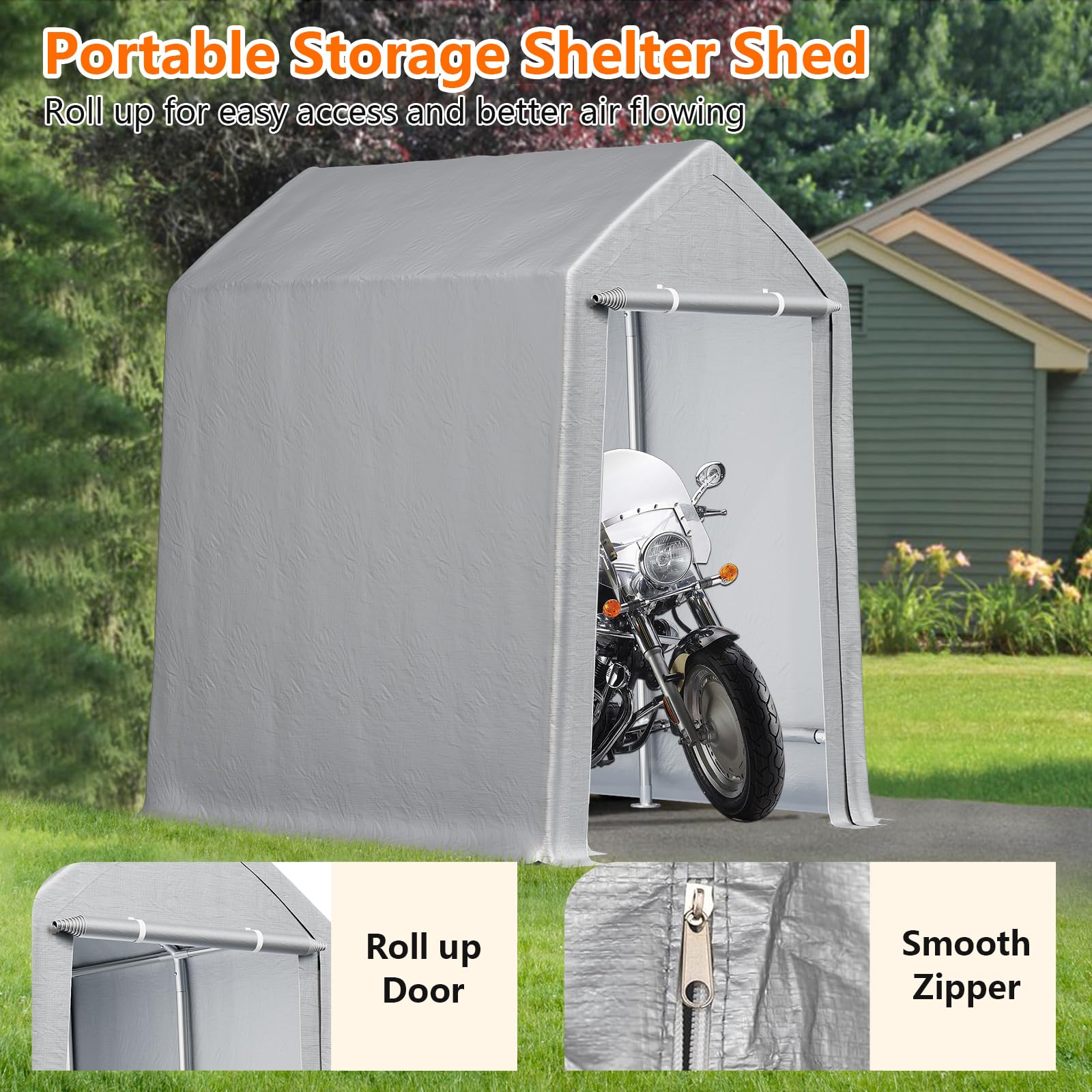 EuKer Ash 12'x12' Heavy Duty Outdoor Storage Shed - Roll-Up Zipper Door, Waterproof Design, Portable Structure, Versatile Use for Motorcycles, Bikes, and Garden Tools, Grey.