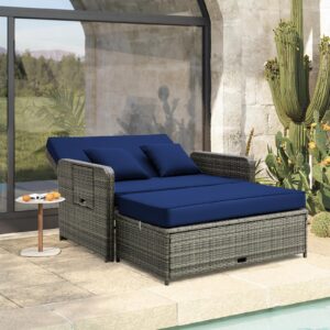 Tangkula Patio Rattan Daybed Set, Wicker Loveseat Sofa w/Multipurpose Ottoman & Retractable Side Tray, 4-Level Adjustable Backrest, Footstool w/Storage, Seat & Back Cushion Included