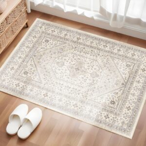 puino washable entryway 2x3 rug: small boho rugs for indoor entrance non slip backing stain resistant carpet low pile throw rugs for bedroom bedside inside front door floor kitchen decor(beige,2x3ft)