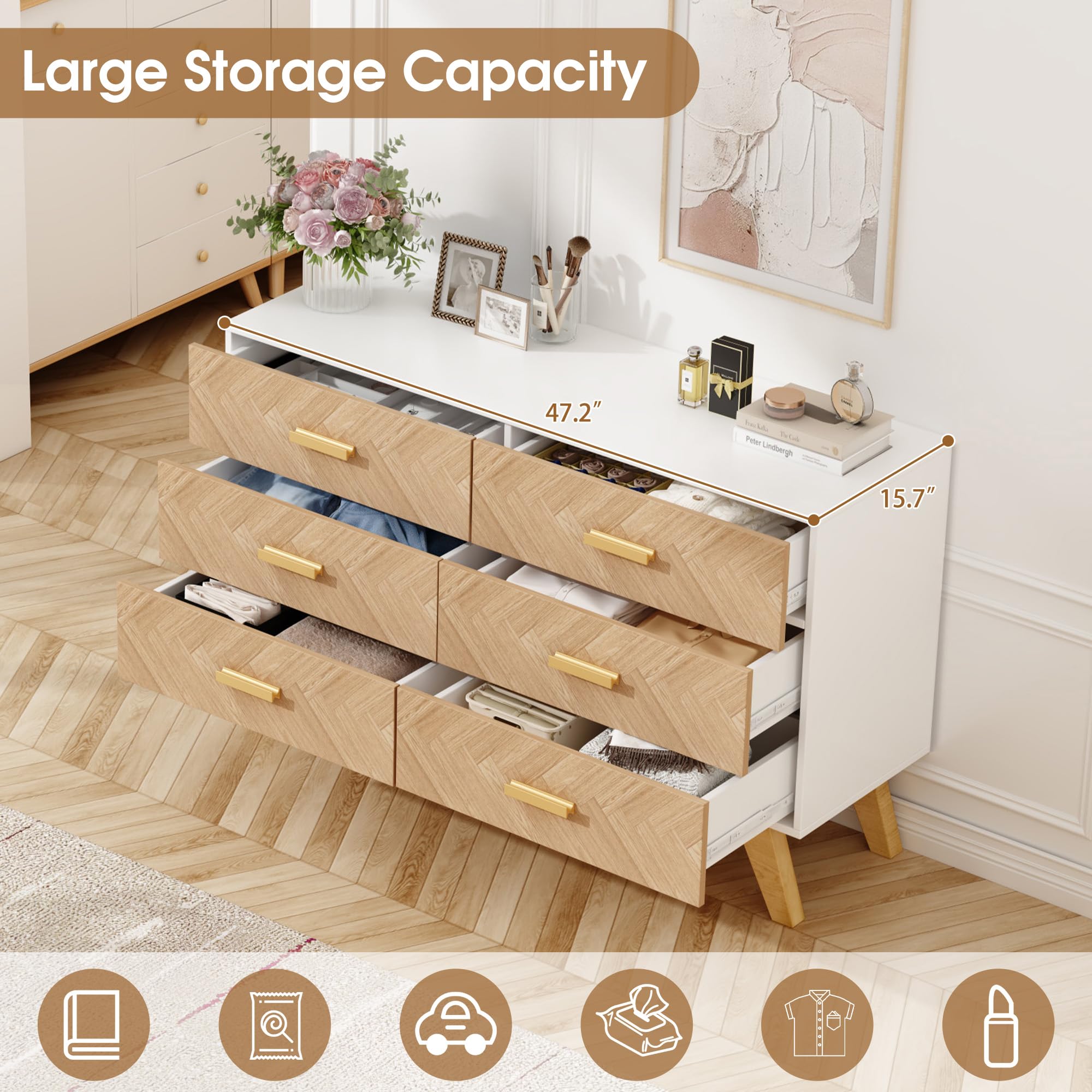 EazeHome 6 Drawers Dresser, Wooden Double Dresser with Large Organizer, Dresser TV Stand for Bedroom, 47.2” Wide Chest of Drawers for Closet, Dressing Room, Hallway(White&Oak)