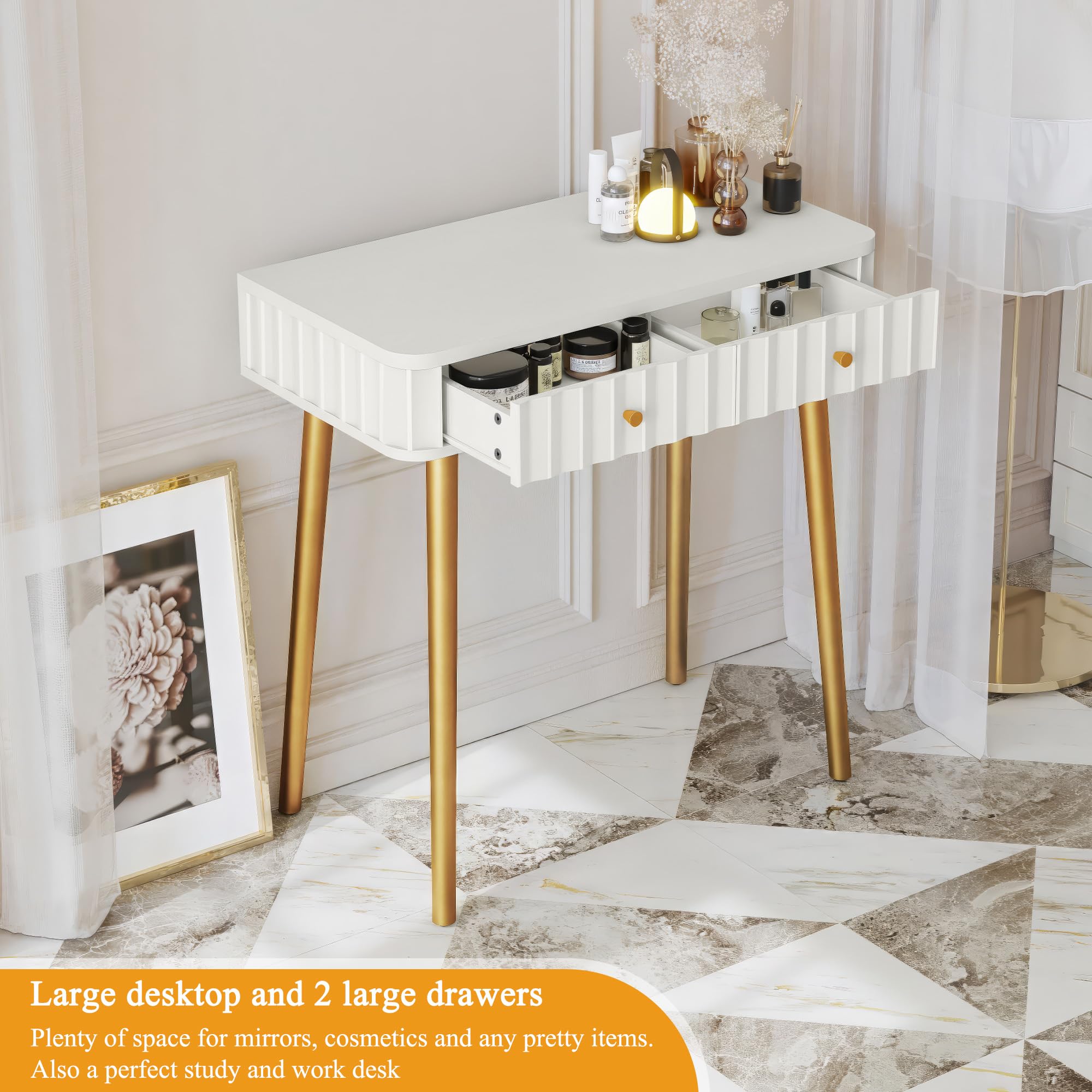 AZODY Vanity Desk with 2 Drawers,32'' Water Ripple Makeup Vanity Desk, Modern Home Office Computer Desk,Makeup Dressing Console Table with Golden Legs for Small Spaces