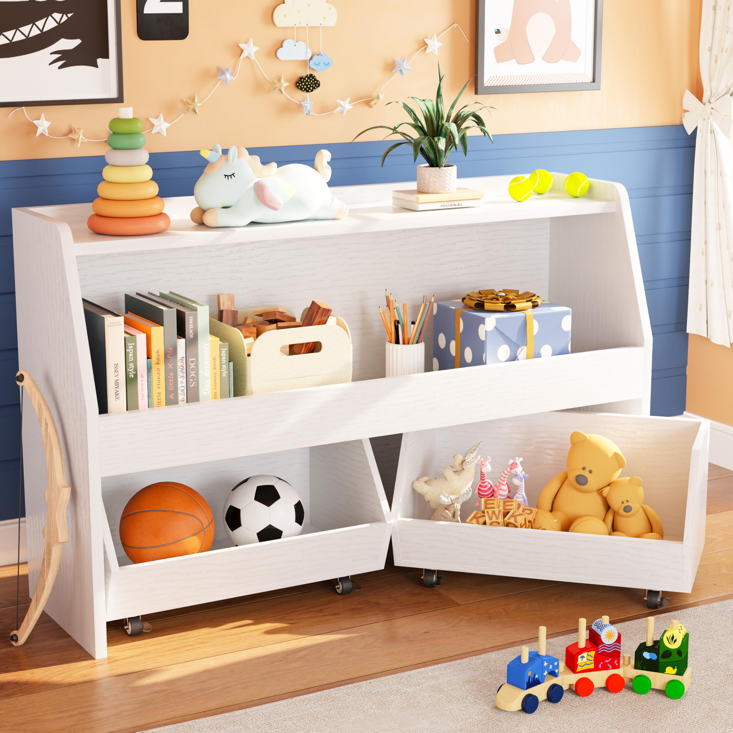 COZPAW Toy Storage Organizer with Movable Drawers, Toys Organizer and Storage for Kids, Toddlers Toy Storage Cabinet, Kids Bookshelf for Playroom Nursery Bedroom Living Room, 2 Tier White