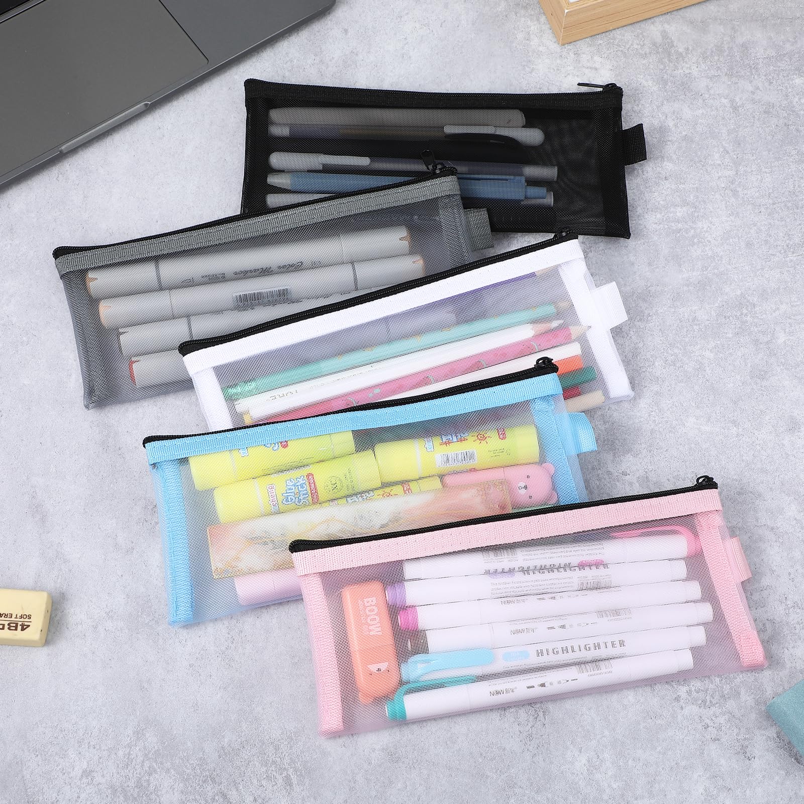 COMNICO 5pcs Pencil Case Pencil Pouch, Clear Exam Pen Bag Simple Nylon Mesh Zipper Pencil Bag Makeup Bag Portable Office Stationery Storage Pouch for Adults