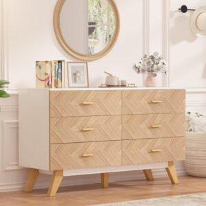 eazehome 6 drawers dresser, wooden double dresser with large organizer, dresser tv stand for bedroom, 47.2” wide chest of drawers for closet, dressing room, hallway(white&oak)