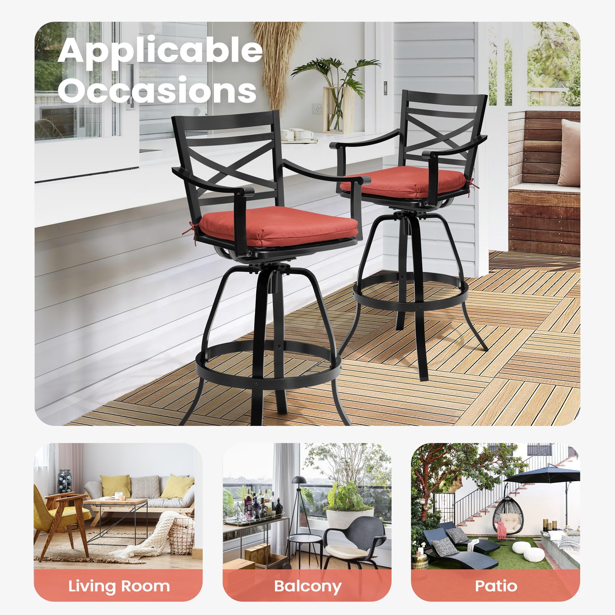 Pellebant Swivel Outdoor Bar Stools Set of 4, Patio Bar Height Chairs with Cushion and Cast Aluminum Frame, Outdoor Furniture w/Armrest & High Back for Deck Lawn Garden, Red