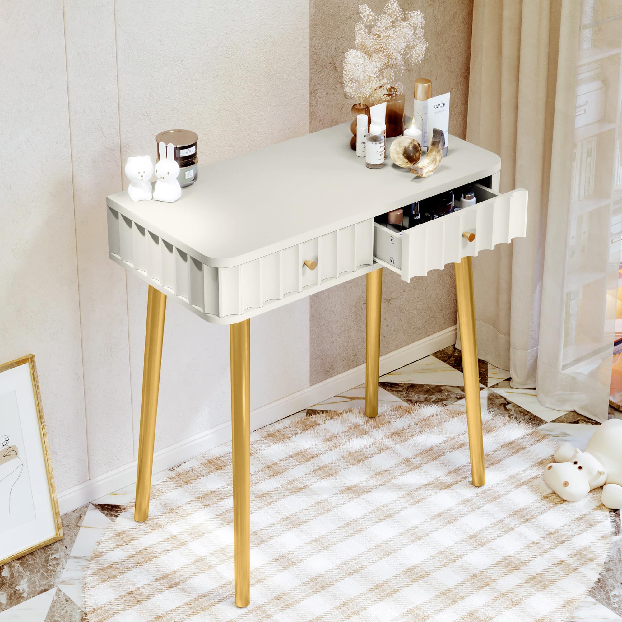 AZODY Vanity Desk with 2 Drawers,32'' Water Ripple Makeup Vanity Desk, Modern Home Office Computer Desk,Makeup Dressing Console Table with Golden Legs for Small Spaces