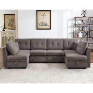 centilab modular sectional sofa, convertible u shaped sofa couch with storage, memory foam, vintage copper nail modular sectionals with ottomans 6 seat sofa couch with chaise for living room grey