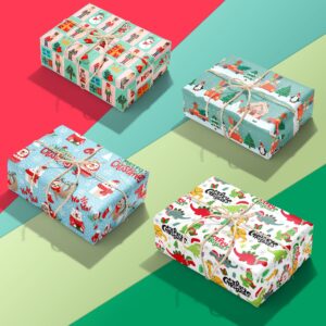 MotiGiftie Christmas Wrapping Paper for Kids Boys Girls, 12 Sheets Xmas Gift Wrapping Paper Dinosaurs, Sloth, Polar Bear, Penguin, Nutcracker, Red Truck Designs Gift Wrap 20 x 28 Inches