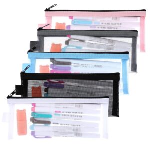 comnico 5pcs pencil case pencil pouch, clear exam pen bag simple nylon mesh zipper pencil bag makeup bag portable office stationery storage pouch for adults