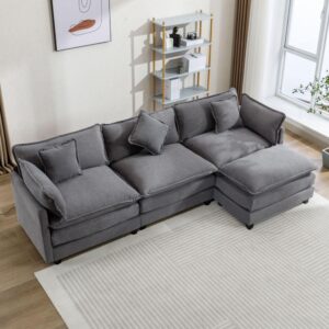 dreamodern 112.2-inch luxury sectional sofa couches for living room, l shape modular couch, chenille fabric upholstered cloud sofa couch with removable ottoman 5 pillows for office home - gray