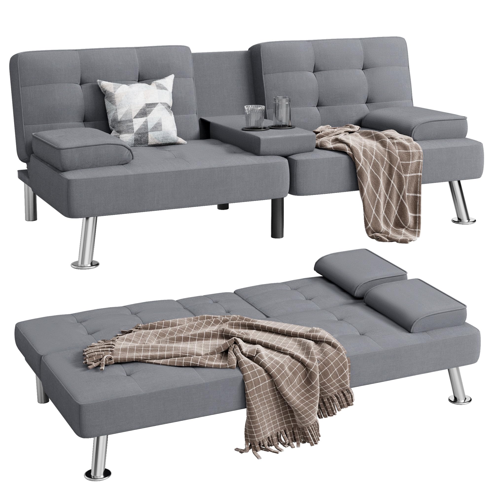 Shahoo Modern Linen Upholstered Convertible Folding Futon Sofa Bed with Removable Armrests, Metal Legs, 2 Cup Holders for Living Room, Light Grey