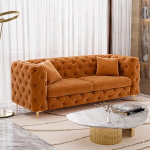 ouyessir 75" comfy modern velvet sofa couch, upholstered deep seat sofa tufted couch with metal gold legs and pillows for living room bedroom office, orange