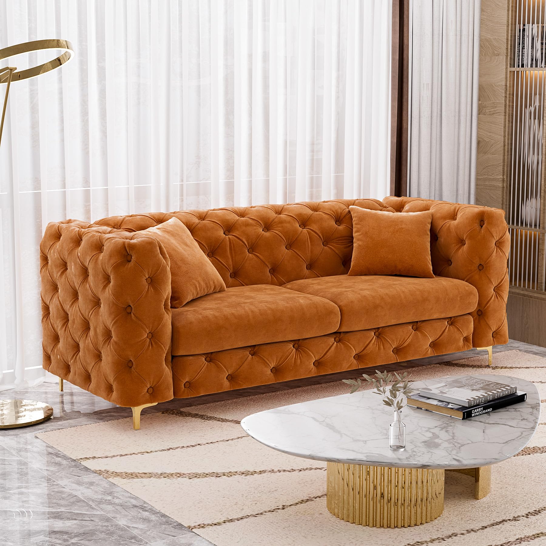 OUYESSIR 75" Comfy Modern Velvet Sofa Couch, Upholstered Deep Seat Sofa Tufted Couch with Metal Gold Legs and Pillows for Living Room Bedroom Office, Orange