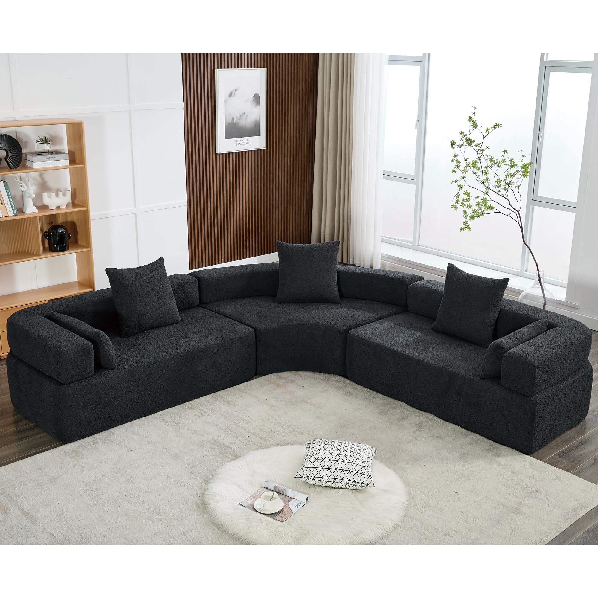 111" L Shaped Cloud Couch, 4 Seater Oversized Sofa, Curved Sectional Sofa with Pillows, Modern Couch Free Combination, Semicircular Modular Sectional Sofa, Comfy Couch for Living Room, Black