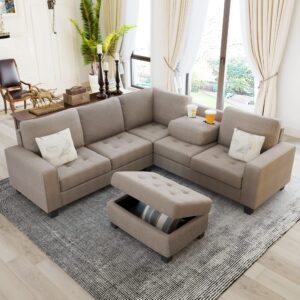 merax sectional corner sofa with storage ottoman and cup holders, l-shape couch space saving for large space dorm apartment