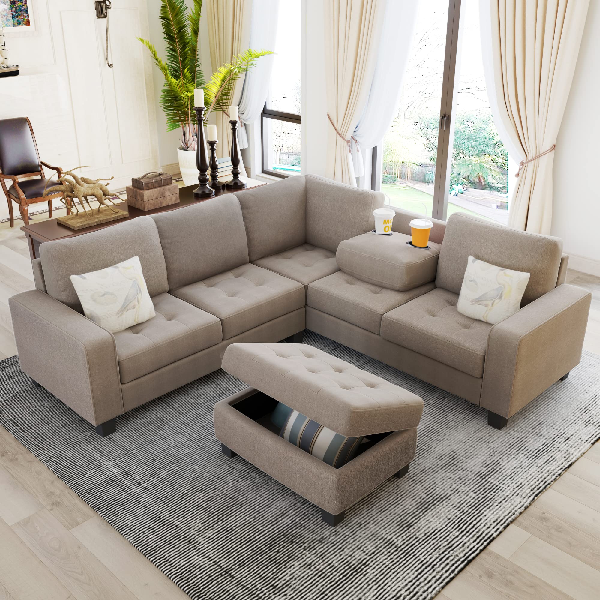 Merax Sectional Corner Sofa with Storage Ottoman and Cup Holders, L-Shape Couch Space Saving for Large Space Dorm Apartment