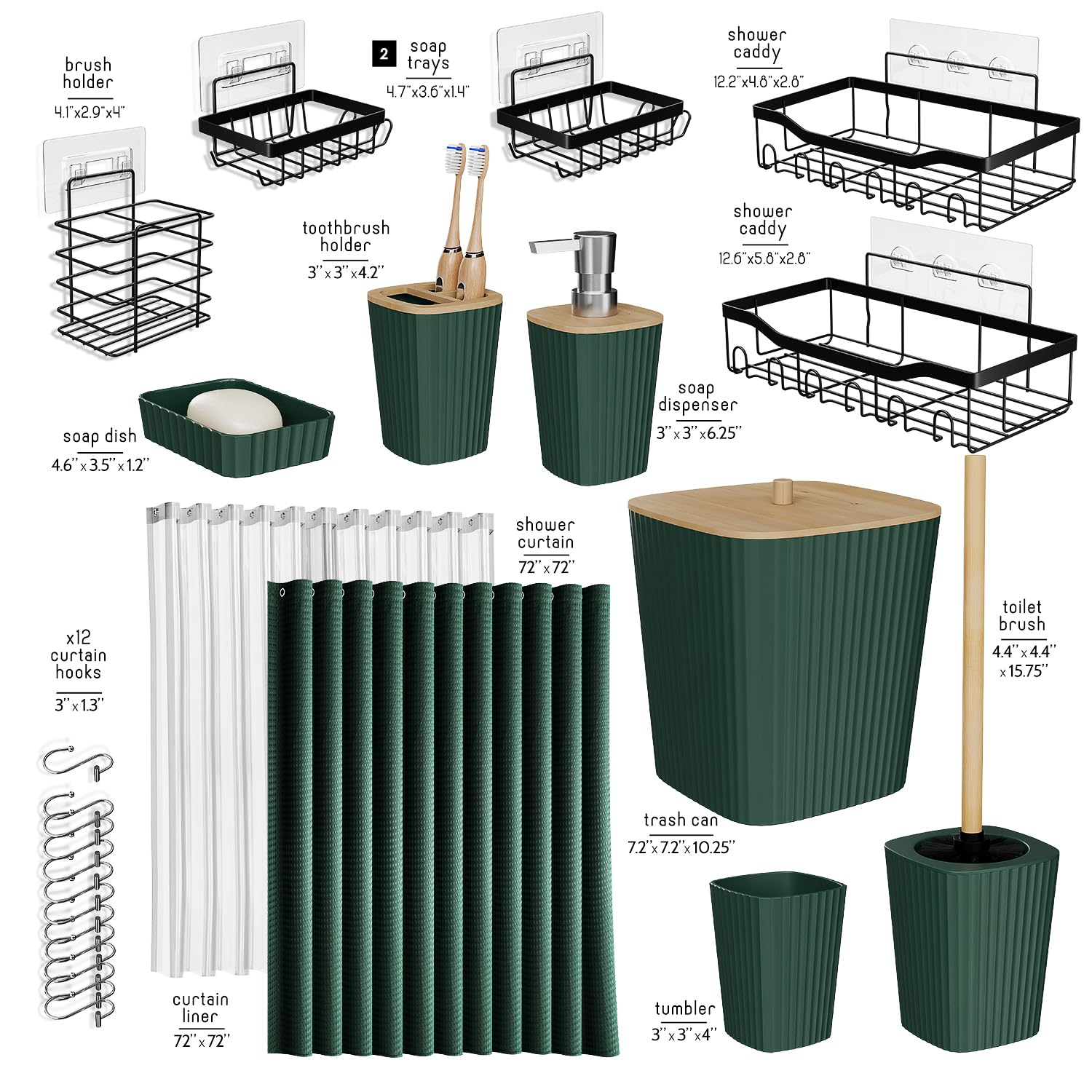 Shower Caddy and Bathroom Accessories Set 25PC Bathroom Accessory Set with Shower Shelf Caddy for Bathroom Storage, Green Shower Curtain Set, Toilet Brush, Trash Can, Soap Dispenser, Toothbrush holder