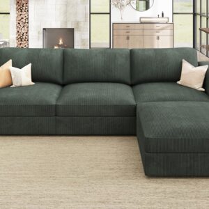 HONBAY Modular Sectional Couch with Storage Corduroy Sectional Sofa with Chaise L Shaped Sectional Couches for Living Room,Green