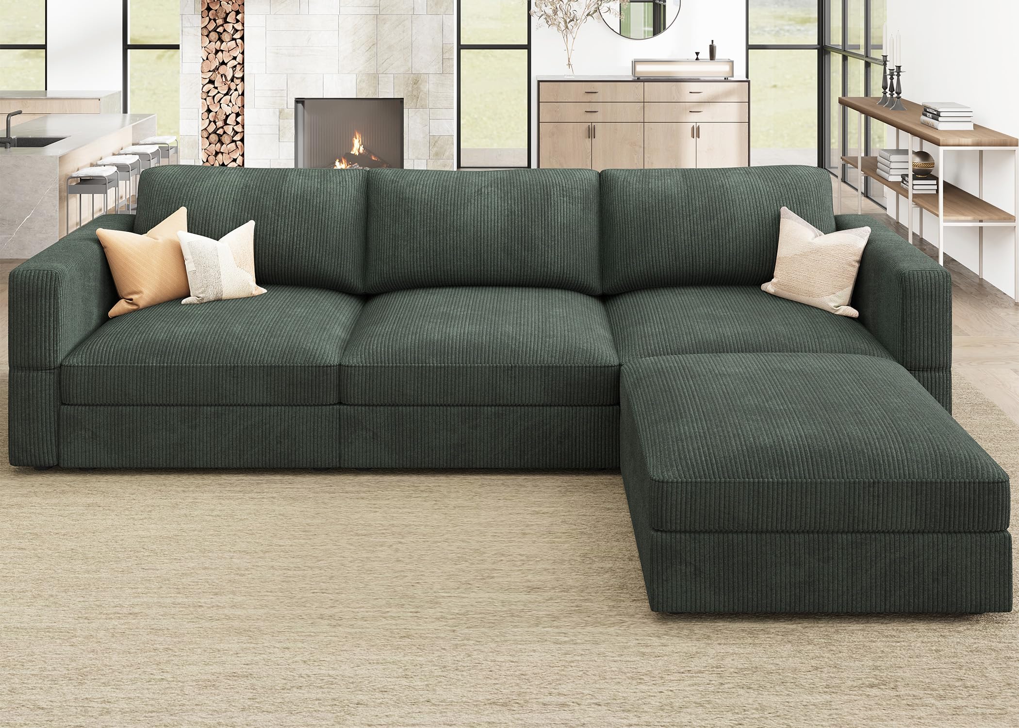 HONBAY Modular Sectional Couch with Storage Corduroy Sectional Sofa with Chaise L Shaped Sectional Couches for Living Room,Green