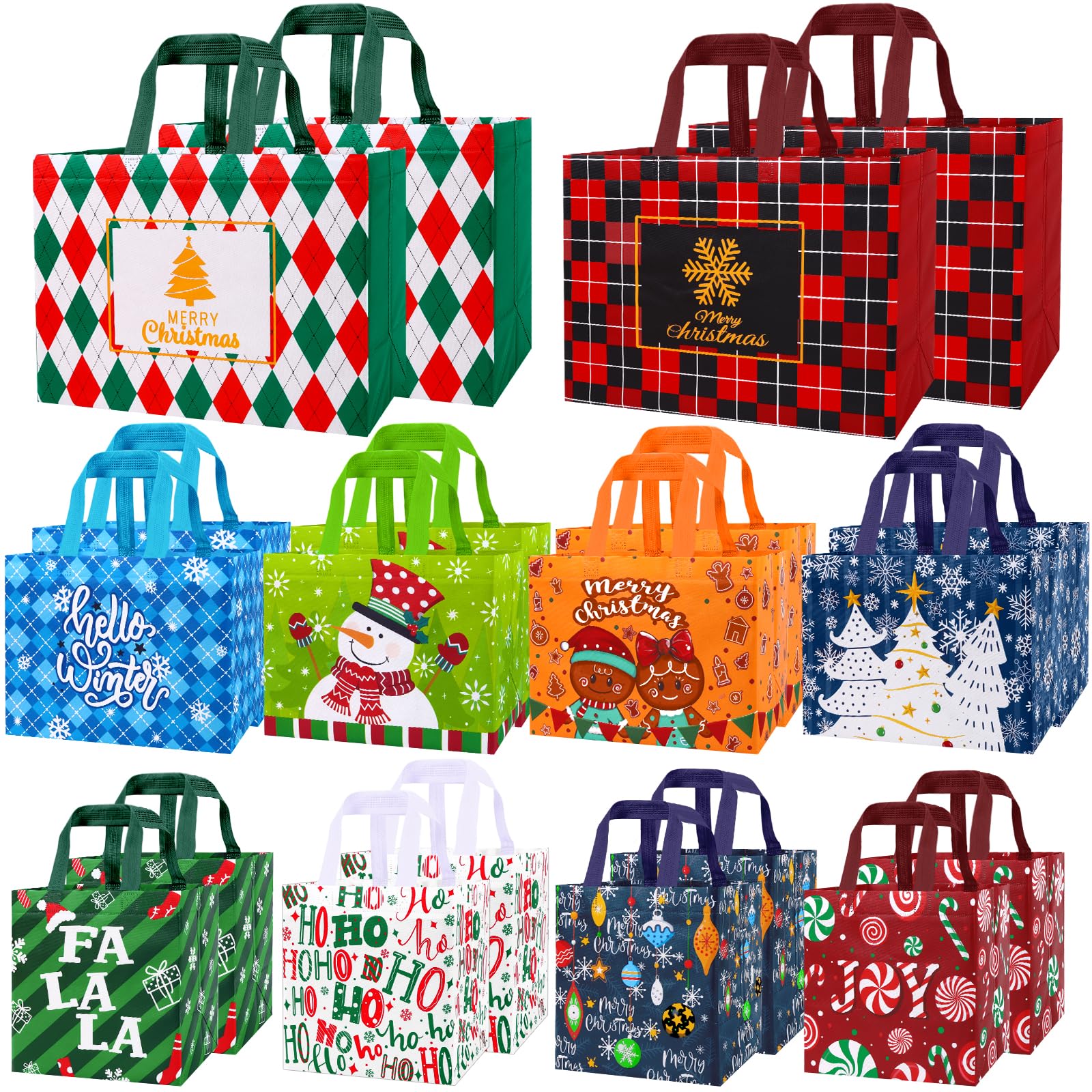 DULEFUN 20pcs Christmas Gift Bags, Reusable Christmas Tote Bags Treat Non-Woven Bags Large Medium Small Xmas Shopping Wrapping Bags for Christmas Holiday Party Favors Supplies