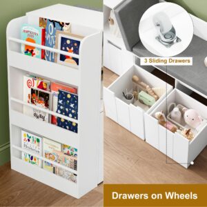 BOTLOG 61.5" Kids Reading Nook with 3-Layer Bookshelf, Reading Nook for Kids with Double Bench and Rolling Drawers, Kids Bookshelf and Toy Storage for Nursery, Playroom, White