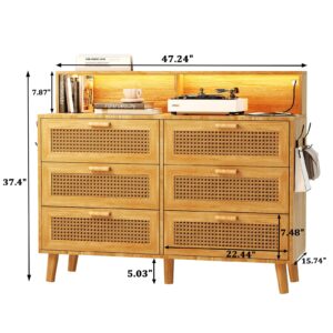 Dresser for Bedroom, 6 Drawer Boho Dresser with LED Light, Rattan Chest of Dressers, Modern Wood Dresser Chest, BesideTable for closet,Storage Organizer Cabinet for Hallway Entryway LivingRoom Natural