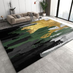 modern fashion geometric carpet, art emerald green black gold smear printed area rug, non-slip washable foldable low pile mat for living room kids bedroom entryway hallway porch kitchen,5x7ft