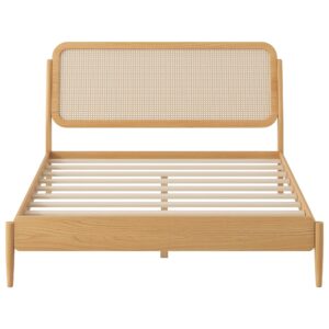 RuiSiSi Queen Bed Frame with LED Lights Rattan Platform Bed Frame with Natural Rattan Headboard (Natural, Queen)