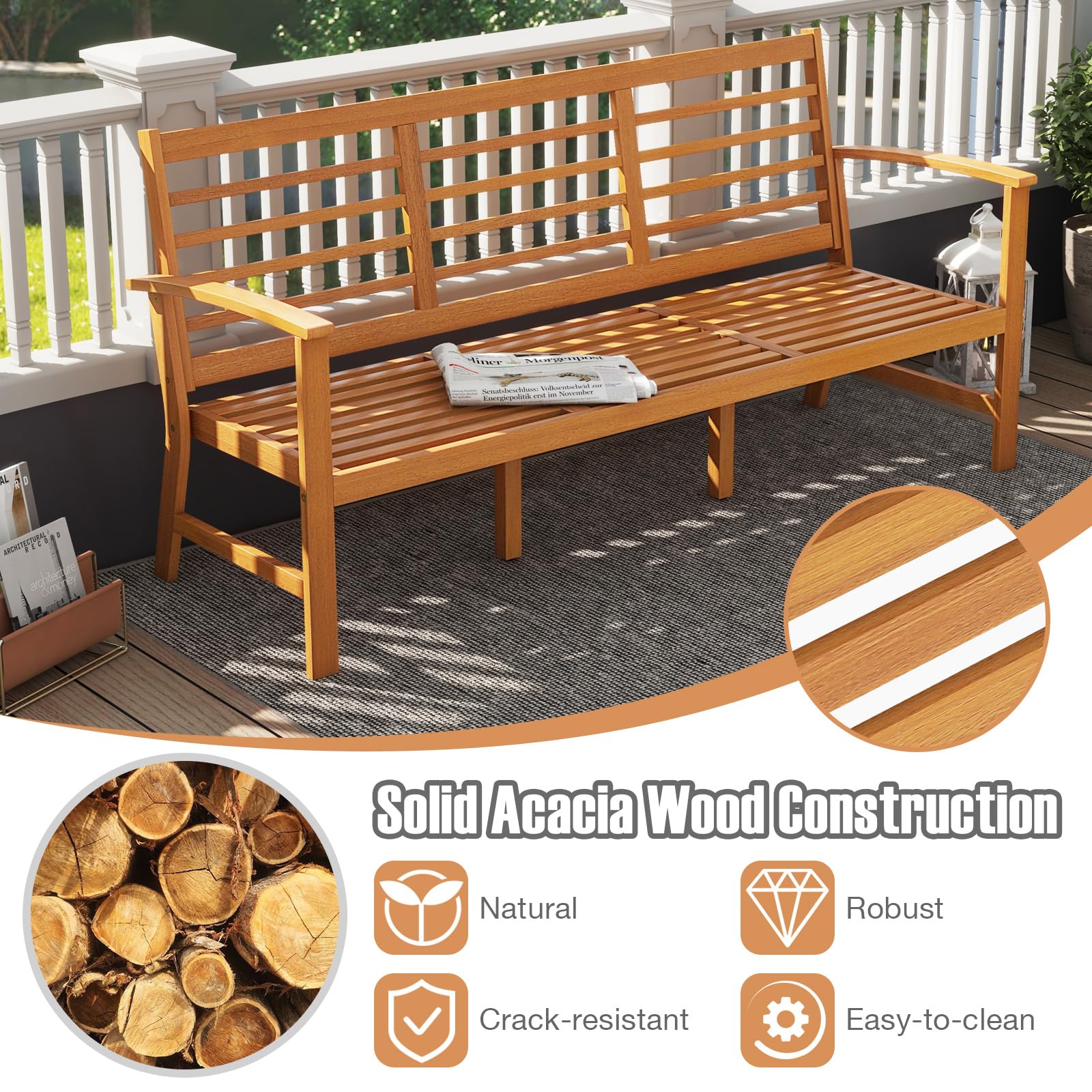 Giantex Acacia Wood Outdoor Bench, 3-Seat Patio Bench with Removable Cushion, Slatted Seat & Backrest, 1200 Lbs Capacity, 64 Inches Extra Long Park Bench for Backyard, Porch, Balcony, Garden Bench