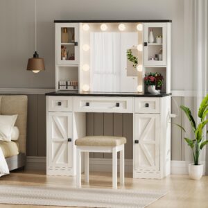 ANWBROAD Farmhouse Makeup Vanity Desk with Mirror and Lights White Vanity Desk 43" W Glass Tabletop Vanity Table with Charging Station & 2 Cabinets Big Modern Dressing Table Stool for Bedroom UBDT71W