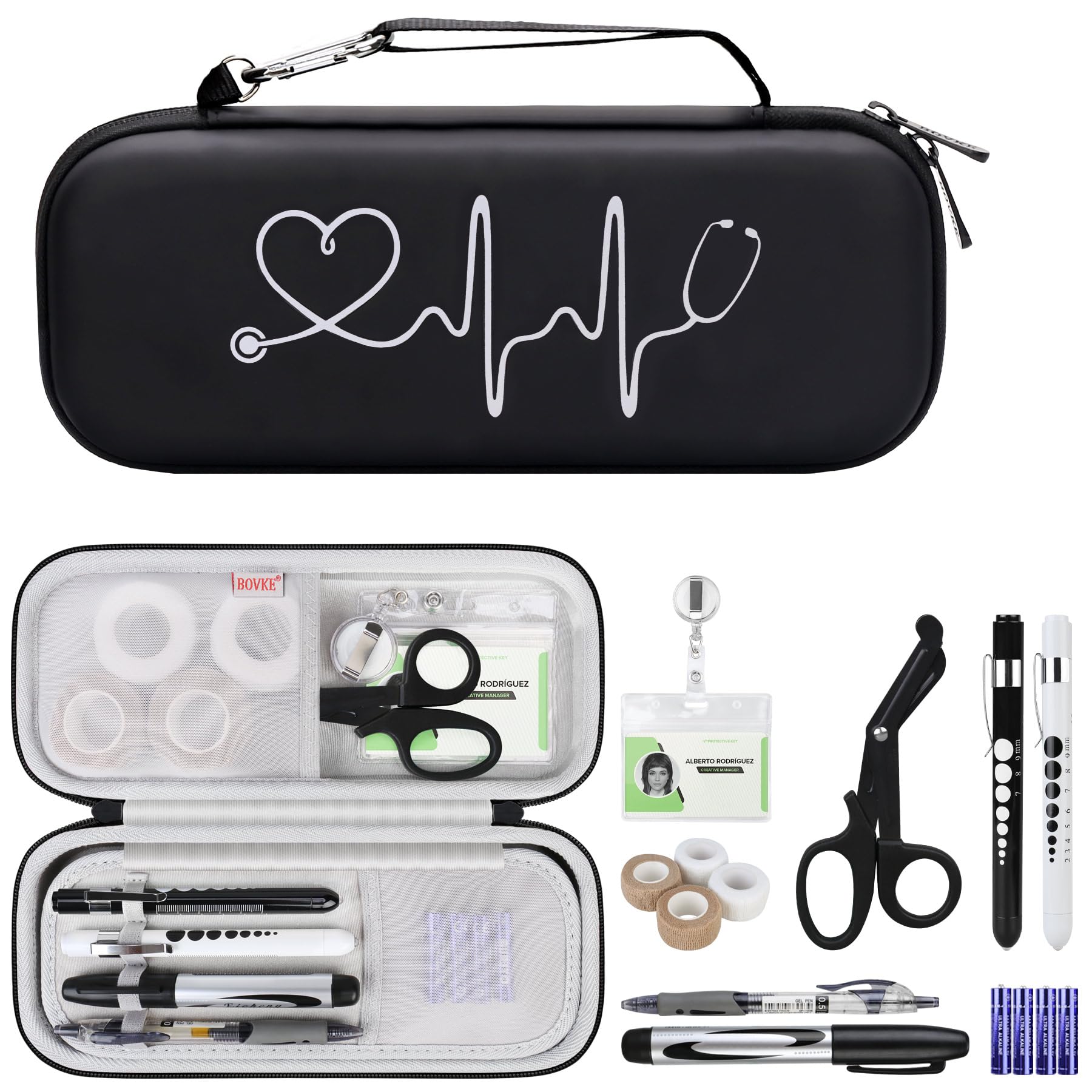 BOVKE 15 Pcs Stethoscope Case Nurse Tool Sets Include Stethoscope Case, Medical Scissors, 2 Penlights with Batteries, Bandage Wraps, Name Card Holder for Nursing School Essentials, Black