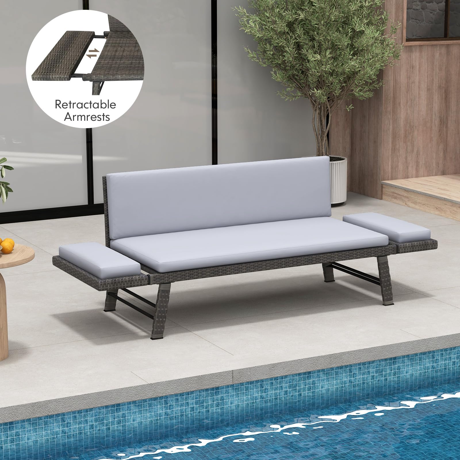 Tangkula Outdoor Convertible Sofa Daybed with Adjustable Armrests, PE Rattan Patio Couch Furniture with Thick Cushions, for Porch, Balcony, Backyard, Poolside (Gray)