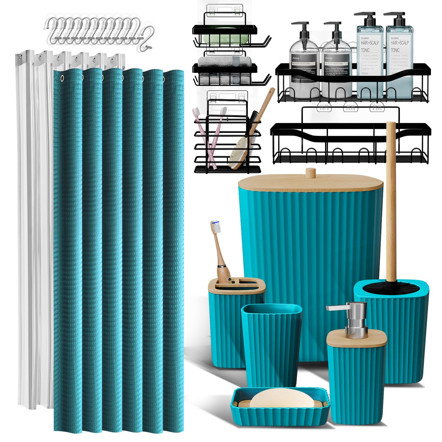 Shower Caddy and Bathroom Accessories Set, 25PC Bathroom Accessory Set with Shower Shelf Caddy for Bathroom Storage, Teal Shower Curtain Set, Toilet Brush, Trash Can, Soap Dispenser, Toothbrush holder