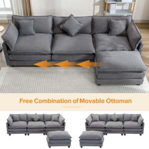 DREAMODERN 112.2-Inch Luxury Sectional Sofa Couches for Living Room, L Shape Modular Couch, Chenille Fabric Upholstered Cloud Sofa Couch with Removable Ottoman 5 Pillows for Office Home - Gray