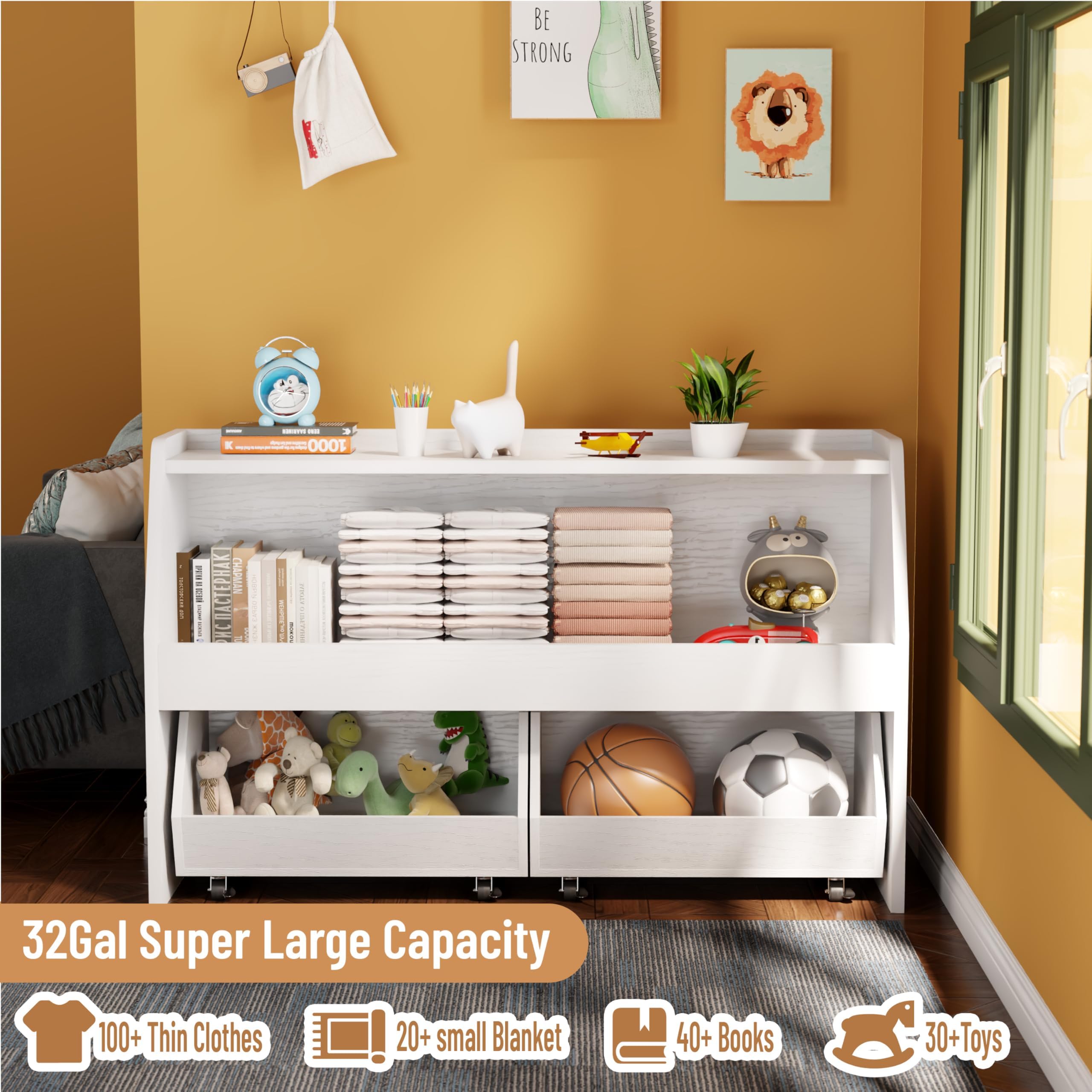 COZPAW Toy Storage Organizer with Movable Drawers, Toys Organizer and Storage for Kids, Toddlers Toy Storage Cabinet, Kids Bookshelf for Playroom Nursery Bedroom Living Room, 2 Tier White