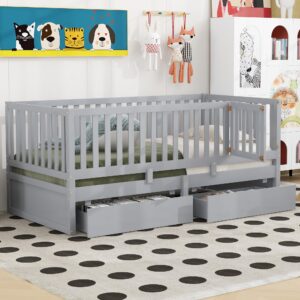 softsea wood daybed twin size with fence guardrail and storage drawers, split into independent floor bed and daybed for boys girls, kids platofrm daybed frame, gray