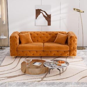 OUYESSIR 75" Comfy Modern Velvet Sofa Couch, Upholstered Deep Seat Sofa Tufted Couch with Metal Gold Legs and Pillows for Living Room Bedroom Office, Orange