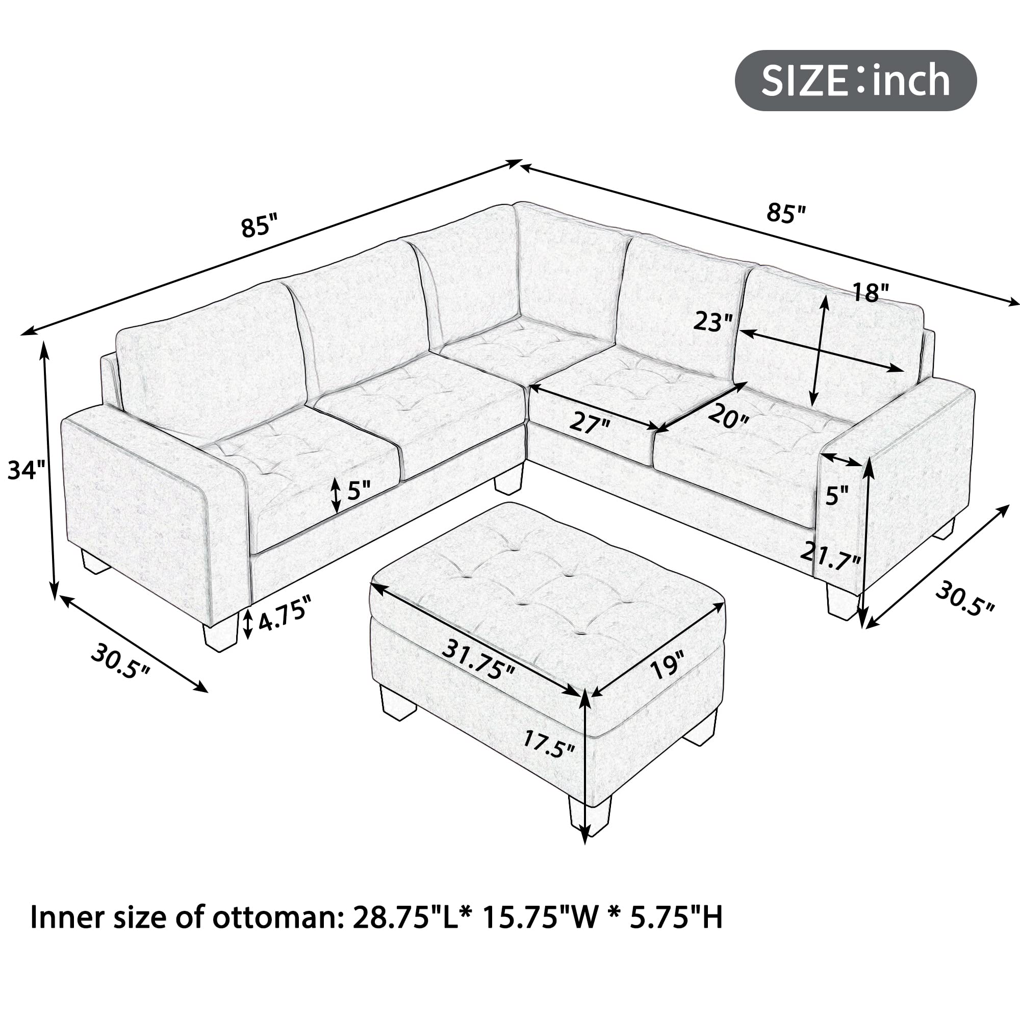 Merax Sectional Corner Sofa with Storage Ottoman and Cup Holders, L-Shape Couch Space Saving for Large Space Dorm Apartment