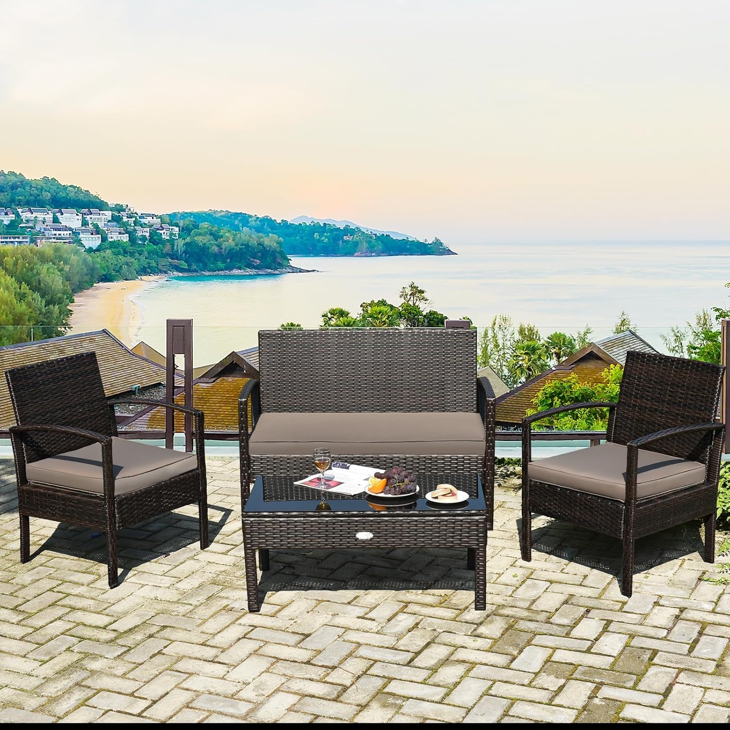 HOMGX 4 Piece Patio Furniture Set, Outdoor Modern Wicker Rattan Conversation Set w/Tempered Glass Top Coffee Table & 3 Padded Cushions for Backyard, Garden and Courtyard