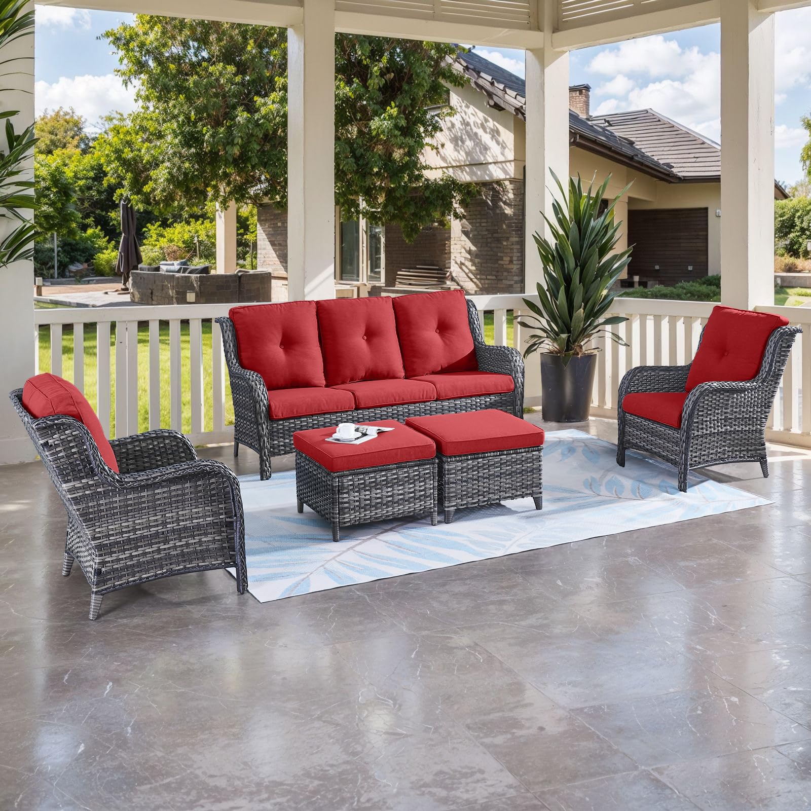 HUMMUH Outdoor Furniture 5 Pieces Patio Furniture Set Wicker Outdoor Sectional Sofa with 2 Patio Chairs,Ottomans(Grey/Red)