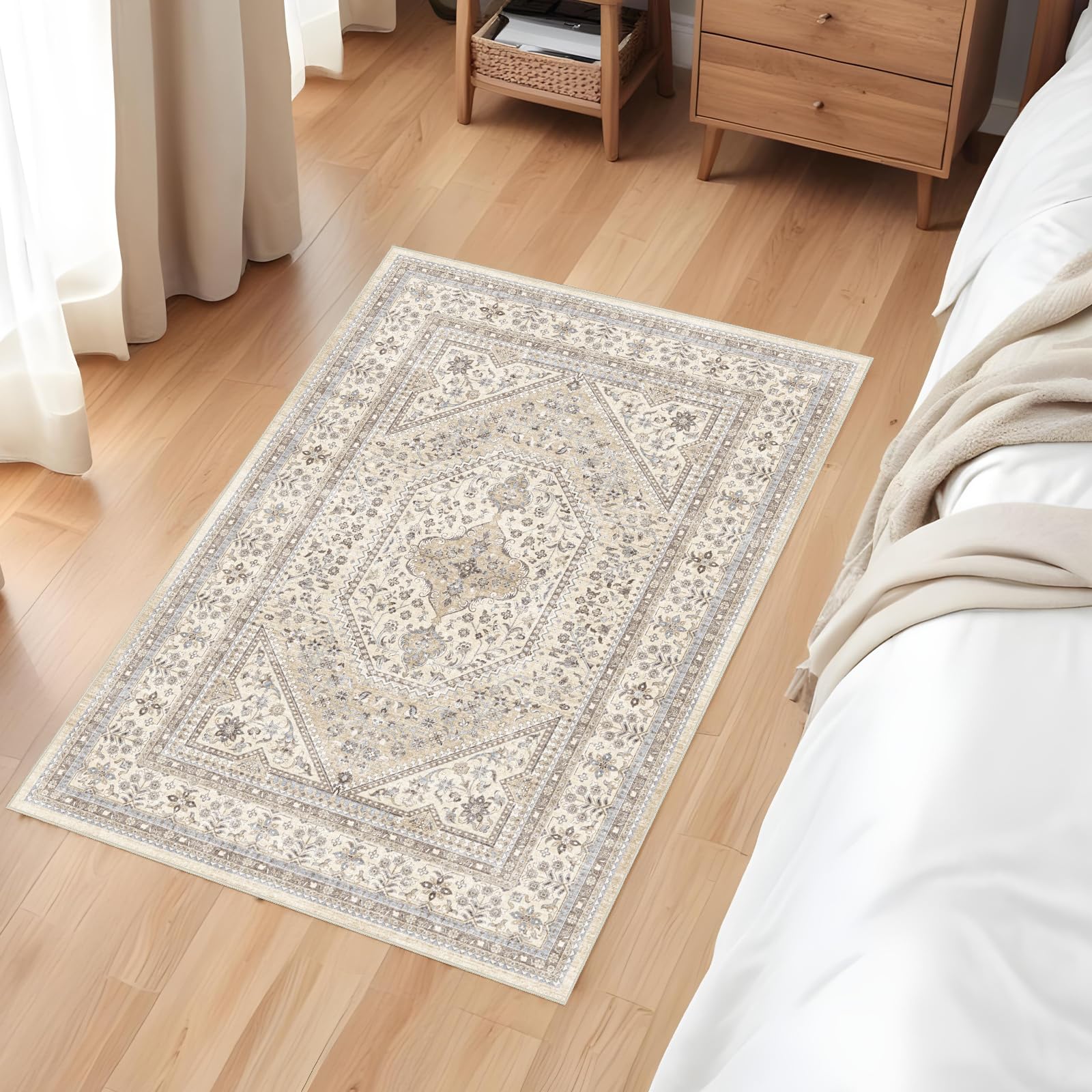 Puino Washable Entryway 2x3 Rug: Small Boho Rugs for Indoor Entrance Non Slip Backing Stain Resistant Carpet Low Pile Throw Rugs for Bedroom Bedside Inside Front Door Floor Kitchen Decor(Beige,2x3FT)