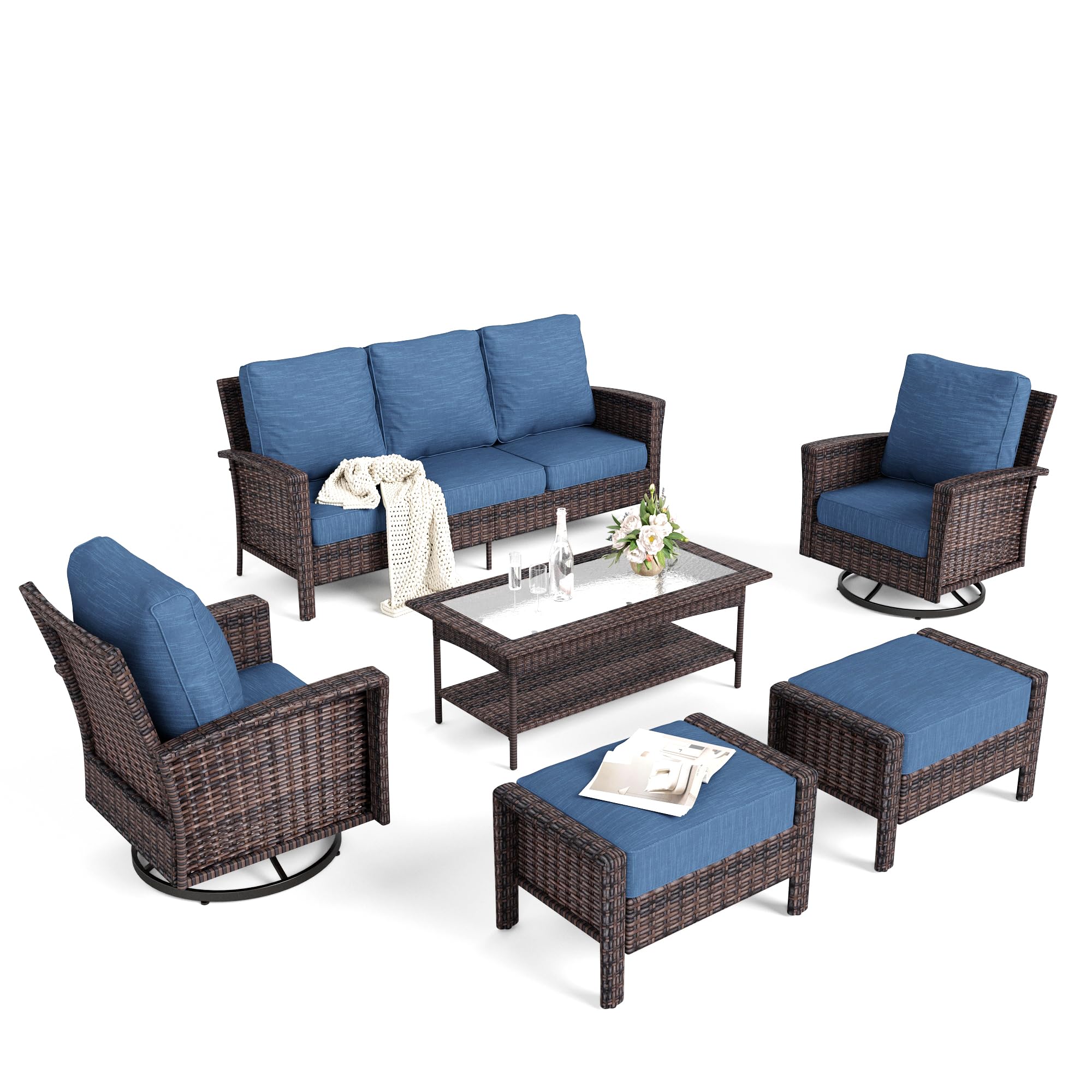 HERA'S HOUSE High Back Swivel Patio Furniture Sets 6 Pieces, Oversized Outdoor Wicker Sectional Conversation Set for Garden Backyard, Navy Blue